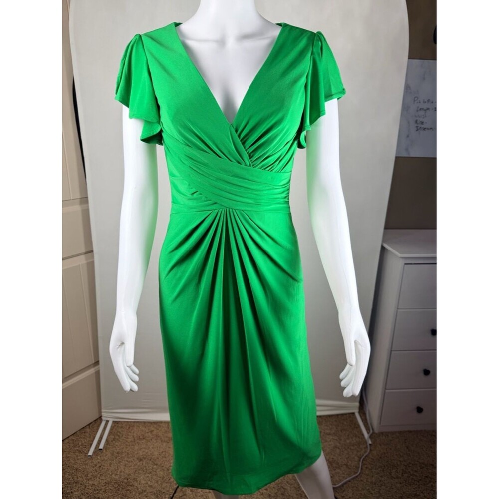 Mac Duggal Emerald Green Midi Dress Open Back Draped Ruched Flutter Sleeve 4
